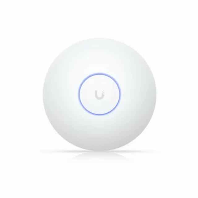 Ubiquiti U7-LR white round Wi-Fi access point with subtle blue LED ring on a clean white background.