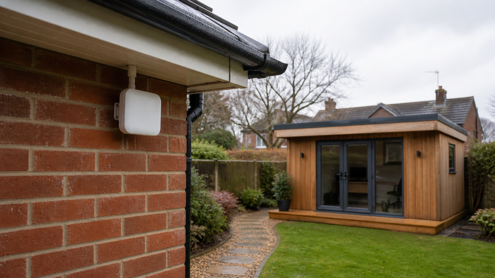 Outdoor wireless access point mounted under house eaves facing a detached garden office